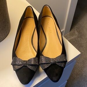 Talbots Black Suede Pointed Toe Flats with Rhinestone Bow, size 8M.